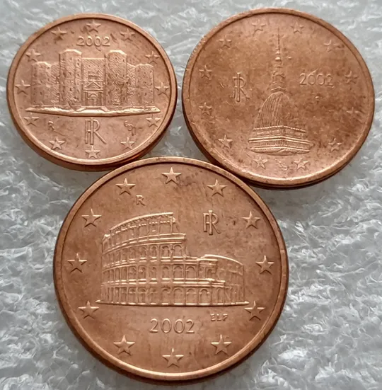 (1850да) 1,2,5 євроцентів 2002 Італія  - 3 монети одним лотом (1,2,5 евроцентов 2002 Италия) Ціна