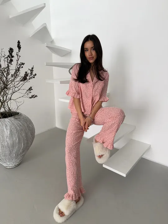 Піжама жіноча муслінова 100% бавовна принт леопардовий пудрова в Україні