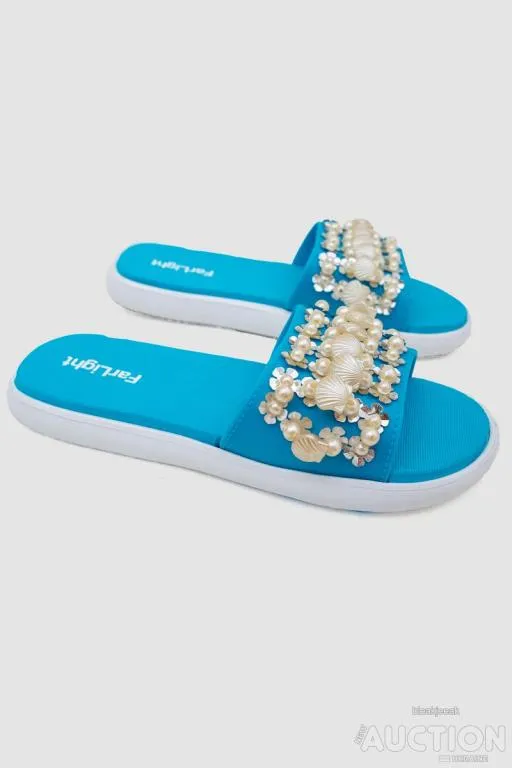 Шлепанцы женские с бусинами, цвет бирюзово-белый, 243R8459-4 З аукціону