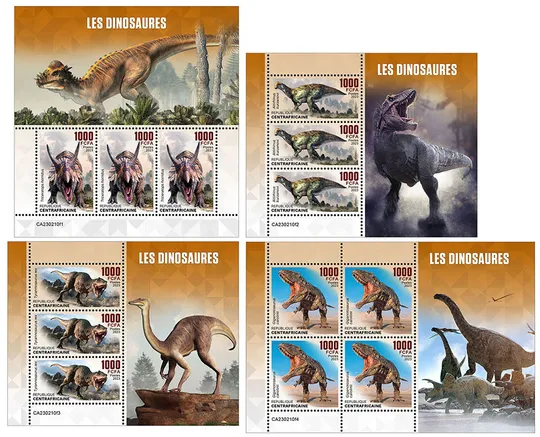 ЦАР-Динозавры-2023.Чистый полный комплект-4 М/Листа.MNH. Ціна