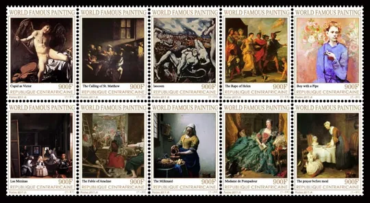 ЦАР-Живопись-Знаменитые картины-2017. Чистый полный красивый комплект-ЛИСТ-100 марок.MNH. Характеристики