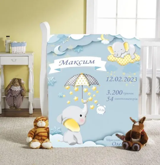 Плед 3D со своими пожеланиями с метрикой Метриковый плед слоненок пушистик для мальчика 20222382_C Ціна