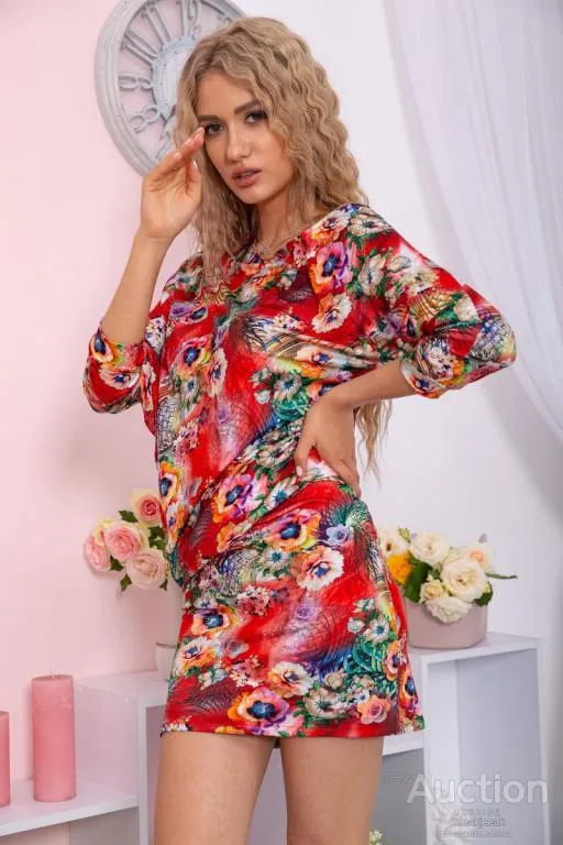 Мини-платье в цветочный принт, красного цвета, 167R105-10 З аукціону