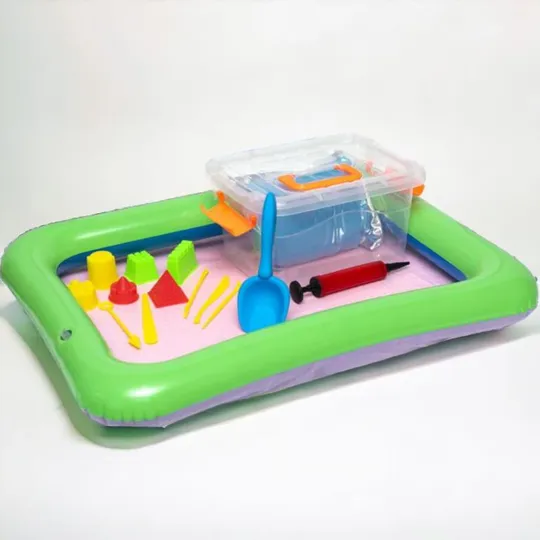 Набор кинетический песок 1 кг в надувной песочнице 44х60 см 6 пластиковых пасочек Зелено-бежевый Де купити