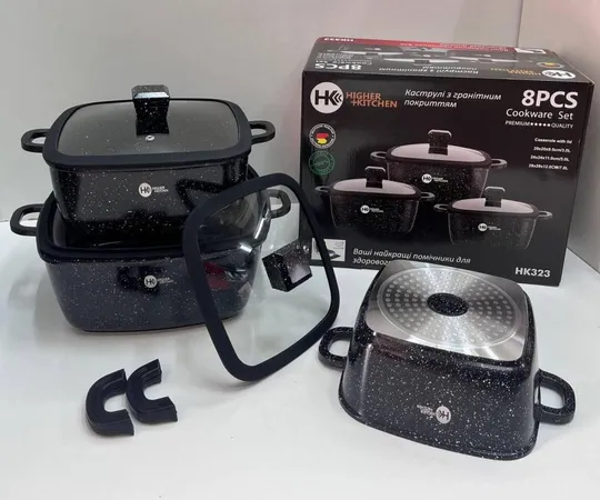 Набор квадратных кастрюль с силиконовыми крышками и  5-ти слойным дном Higher Kitchen HK-323 Черный З аукціону