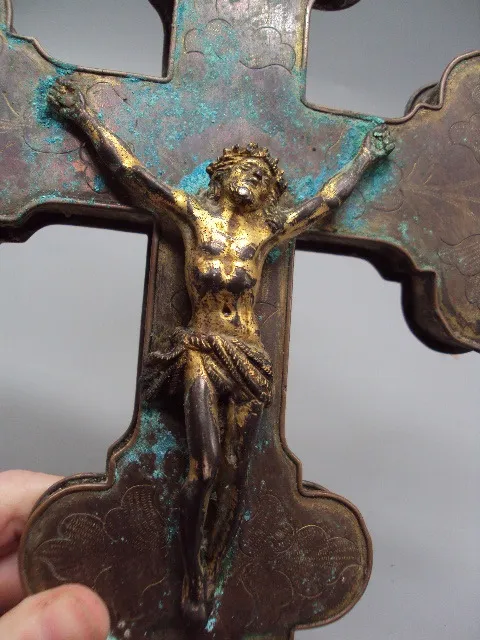 Антикварный напрестольный крест распятие разборный царский латунь позолота 33,5х21,4х1,9 см №16059 Характеристики