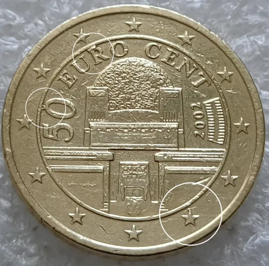 (2250) 50 євроцентів 2002 Австрія викрошки на аверсі (50 евроцентов 2002 Австрия брак) Ціна