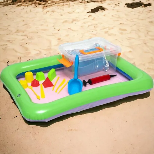 Купити Набор кинетический песок 1 кг в надувной песочнице 44х60 см 6 пластиковых пасочек Зелено-бежевый