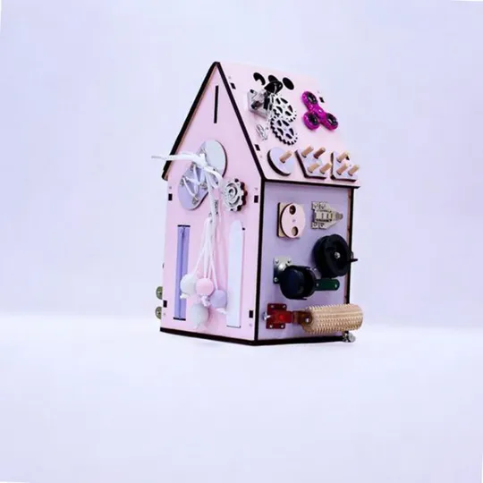 Бизидом 20х20х40см, 33 элемента, Розовый с сиреневым (Развивающий бизиборд для детей) Інтернет-аукціон