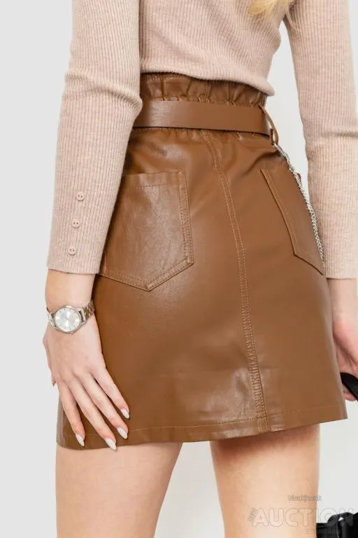 Юбка с ремнем из экокожи, цвет коричневый, 186R5260 Продаж