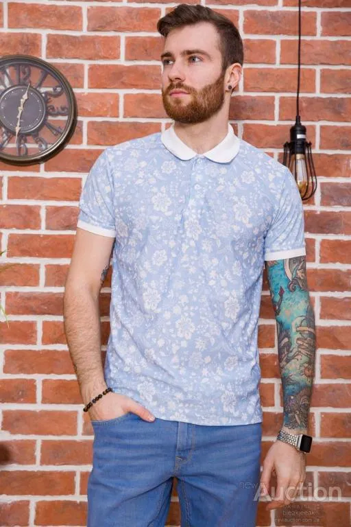Мужское поло, в цветочный принт, голубого цвета, 194R2120 Ціна
