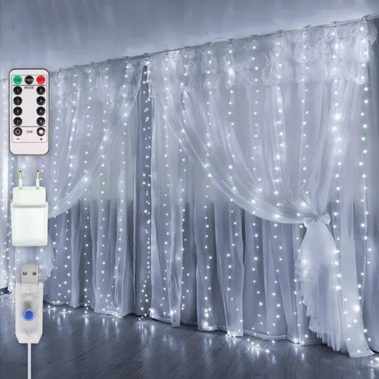 Гирлянда штора Роса + пульт, 3x2м, 400 LED, от USB и сети 220В, 20 нитей, 8 режимов Ціна
