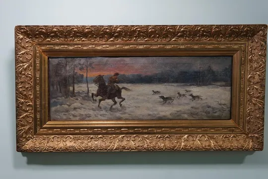 Картина в раме подписная старинная охота погоня всадник отбиваетя от стаи волков, холст масло №27 Ціна