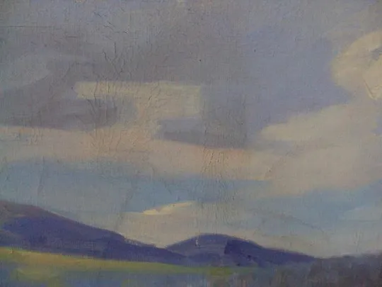 Картина Горный пейзаж горы река Якубек 1961 г. холст, масло в ажурной раме размер 118,6х158 см №186 Продаж