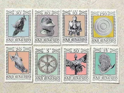 фото, Серія поштових марок  Сан-Марино " Рицарські Обладунки " 1974 рік **