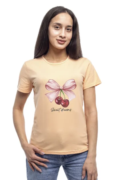 фото, Футболка жіноча однотонна бавовняна Bono принт Вишні прямого крою (різні кольори) 46, Бежевий