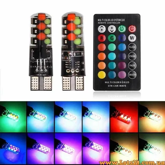 Габариты RGB Led W5W T10 разноцветные , стробоскоп Ціна
