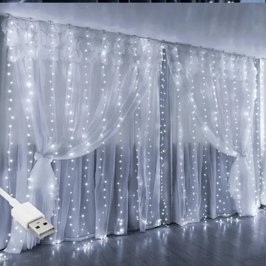 Гирлянда штора "Роса" от USB, 3x3м, 600 LED, 20 нитей, 8 режимов, IP44 Холодный белый Ціна