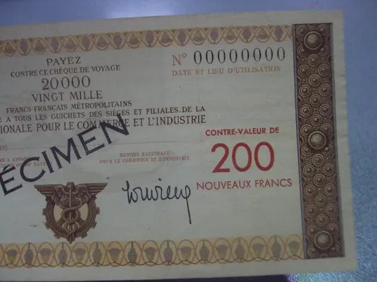 банкнота дорожный чек specimen образец 200 франков франция №118 Де купити
