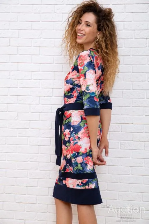 Цветастое платье с поясом, синего цвета, 167R161-1 Продаж