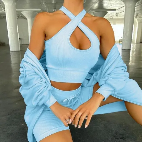 Комплект для фитнеса топ и велосипедки Рубчик 9632 M голубой Інтернет-аукціон