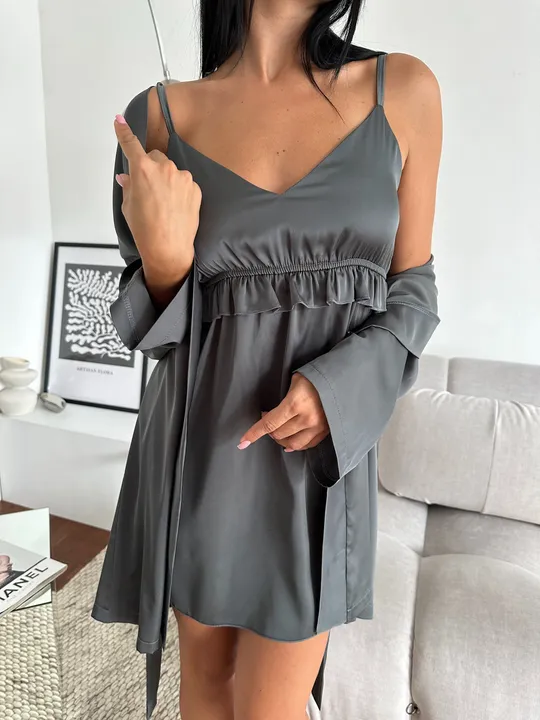 Шовковий комплект халат і сорочка  графіт сірий Де купити