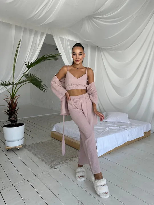 Купити Комплект для дому і сну трійка з мусліну, халат кімоно, топ і штани бежевий