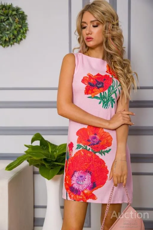 Короткое платье из льна с цветами Маки цвет Розовый 172R019-1 Ціна