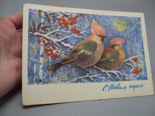 Открытка С Новым годом! птички и калина художник Л. Манилова 1975 год №16295 З аукціону