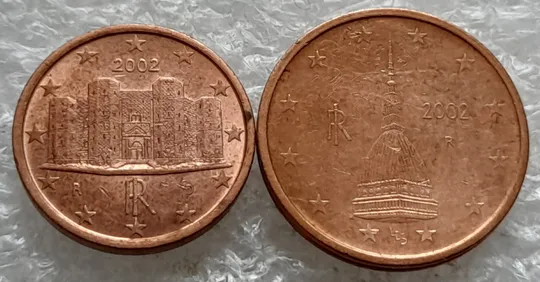 (1851да) 1 та 2 євроцентіи 2002 Італія  - 2 монети одним лотом (1 и 2 евроцента 2002 Италия) Ціна