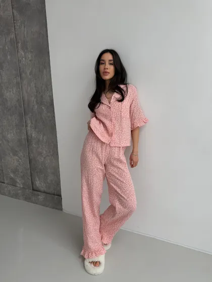 фото, Піжама жіноча муслінова 100% бавовна принт леопардовий пудрова M/L