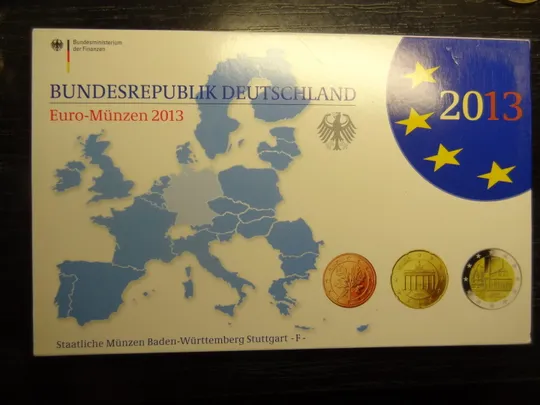 Комплект євромонет Німеччини 2013 F (повний комплект+ 2 ювілейні) UNC З аукціону