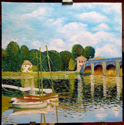 фото, Картина "Речной Пейзаж С Парусниками" Двп Масло 70*60см.+Рама.