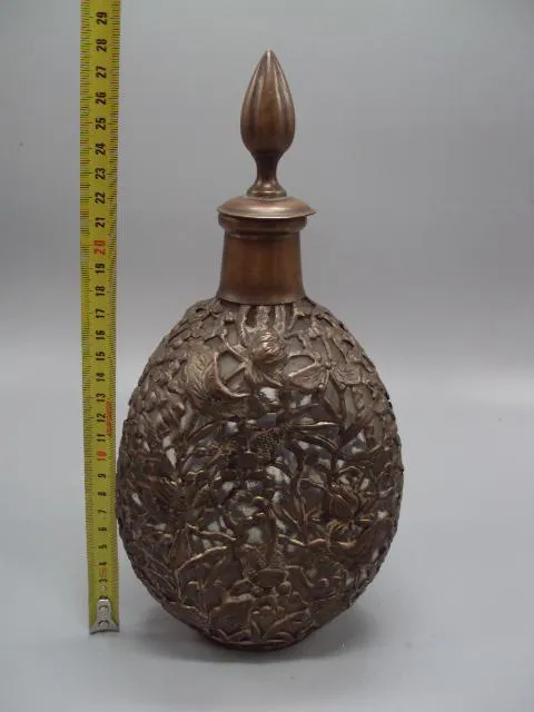 Купити Штоф графин Китай 80-е года стекло, металл узор рыбы цветы рыбки высота с крышкой 28 см №13953