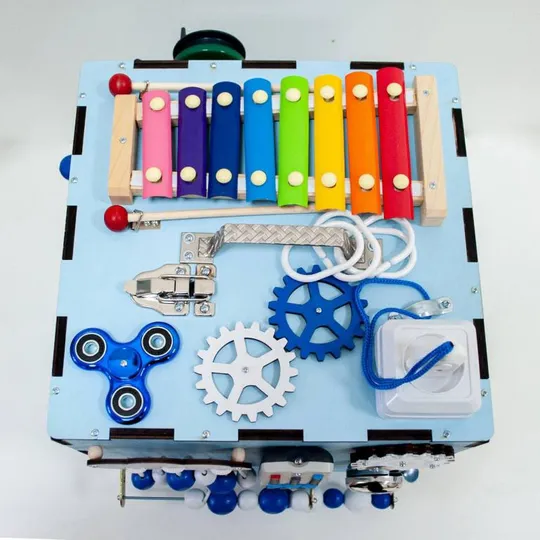 Бизикуб 30x30x30см, 33 элемента, Голубой (Развивающий бизиборд для детей) Продаж