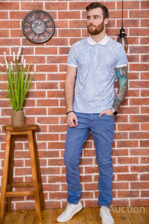 Купити Мужское поло, в цветочный принт, голубого цвета, 194R2120