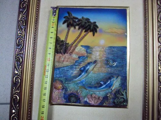 Картина барельеф морской пейзаж с дельфинами море в раме 33 х 27,5 см №11033 Недорого