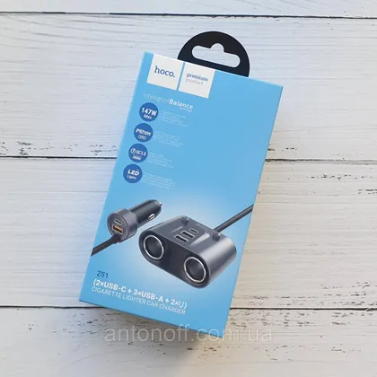 фото, Авто зарядний пристрій Hoco Z51 147W (2Type-C + 3USB) з розгалужувачем прикурювача