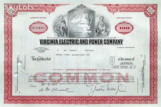 Акція Сертифікат на 100 Акцій Virginia Electric &amp; Power Company 1974 США Mt 05 Ціна