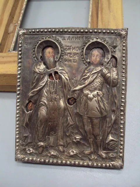 Икона кипарис Афанасий Афонский и Иван Воин оклад серебро 84 проба в киоте размер 19,1х16,8см №13868 Де купити
