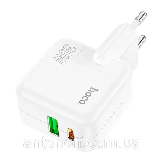 Зарядний пристрій Hoco C111A (Type-C+USB) швидка зарядка 30W Білий Де купити