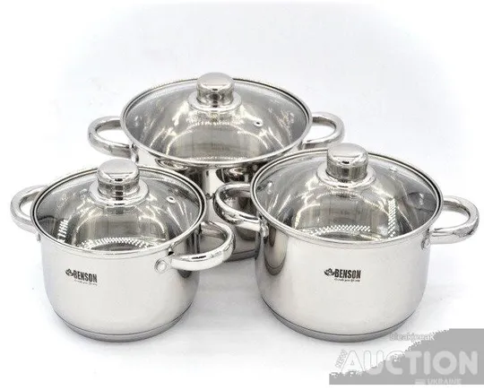 Набір каструль із нержавіючої сталі Benson BN-198 з кришками 6 предметів Ціна