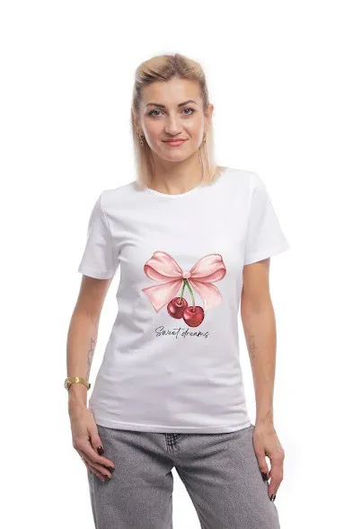 Футболка жіноча однотонна бавовняна Bono принт Вишні прямого крою (різні кольори) 44, Білий Ціна