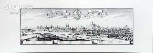 Старовинна гравюра на папері верже Вид на Нюрнберг, 1648, M. Merian Ціна