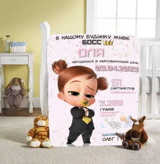 Плед 3D со своими пожеланиями с метрикой "В нашому будинку живе БОСС" для девочки 20222381_C 11560 Ціна