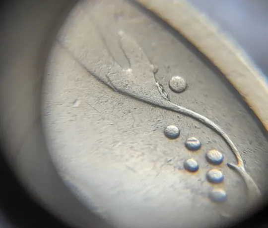 (5917) 25 копійок 1994 1БВк викрошки на вінку реверса в межах 1-2-3 та 6-7 грон + царапини штемпеля (25 копеек 1994 1БВк брак) З аукціону