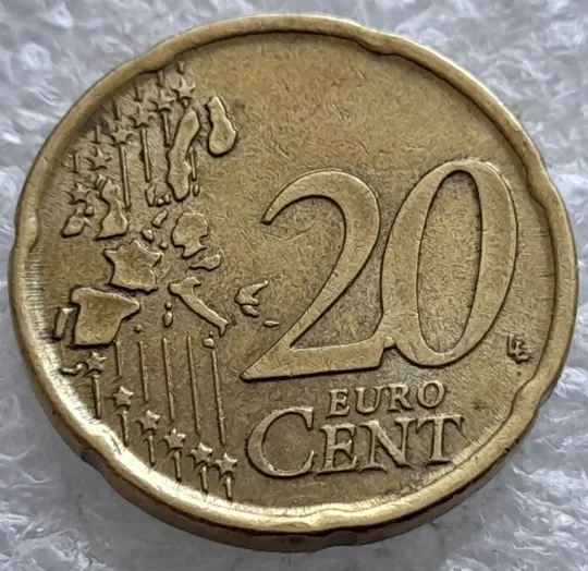 Купити (2281) 20 євроцентів 1999 Іспанія викрошка на реверсі (20 евроцентов 1999 Испания брак)
