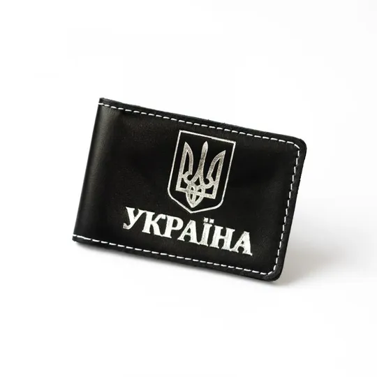 Обкладинка для ID-паспорта &quot;Герб України+Україна&quot;,чорна з посрібленням,біла нитка. Ціна