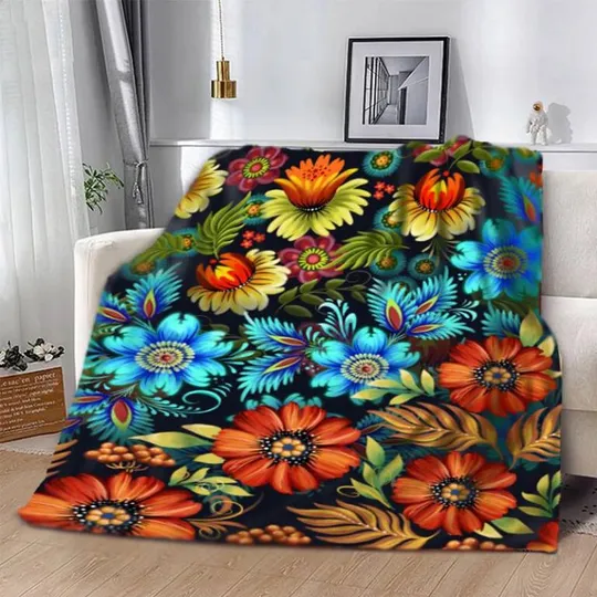 Плед 3D патриотический в Петриковской росписи Поле цветов 2652_B 12572 135х160 см Ціна