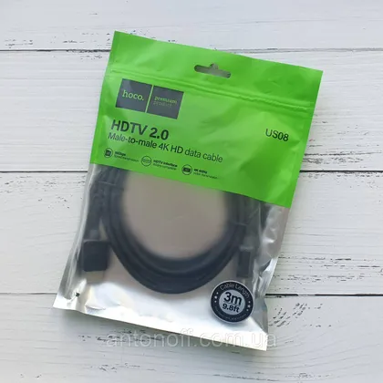 фото, HDMI відео кабель Hoco US08 HDTV 2.0 data cable 4K HD 60Hz 3 метра Чорний